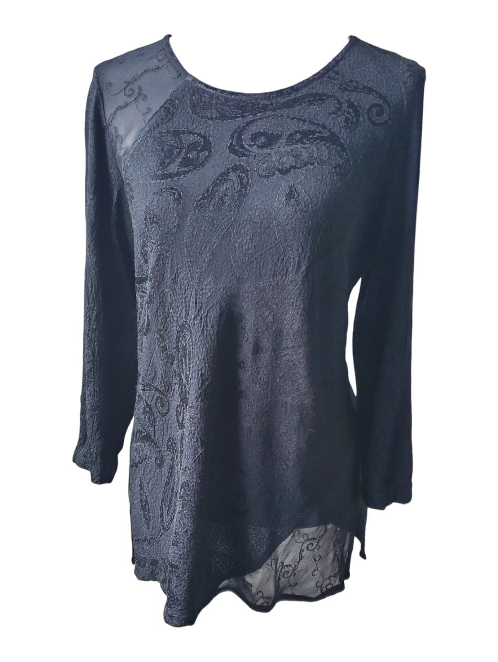 Carole Little Black Sheer Solid Paisley Print Burnout Boho Tunic Blouse Size L
